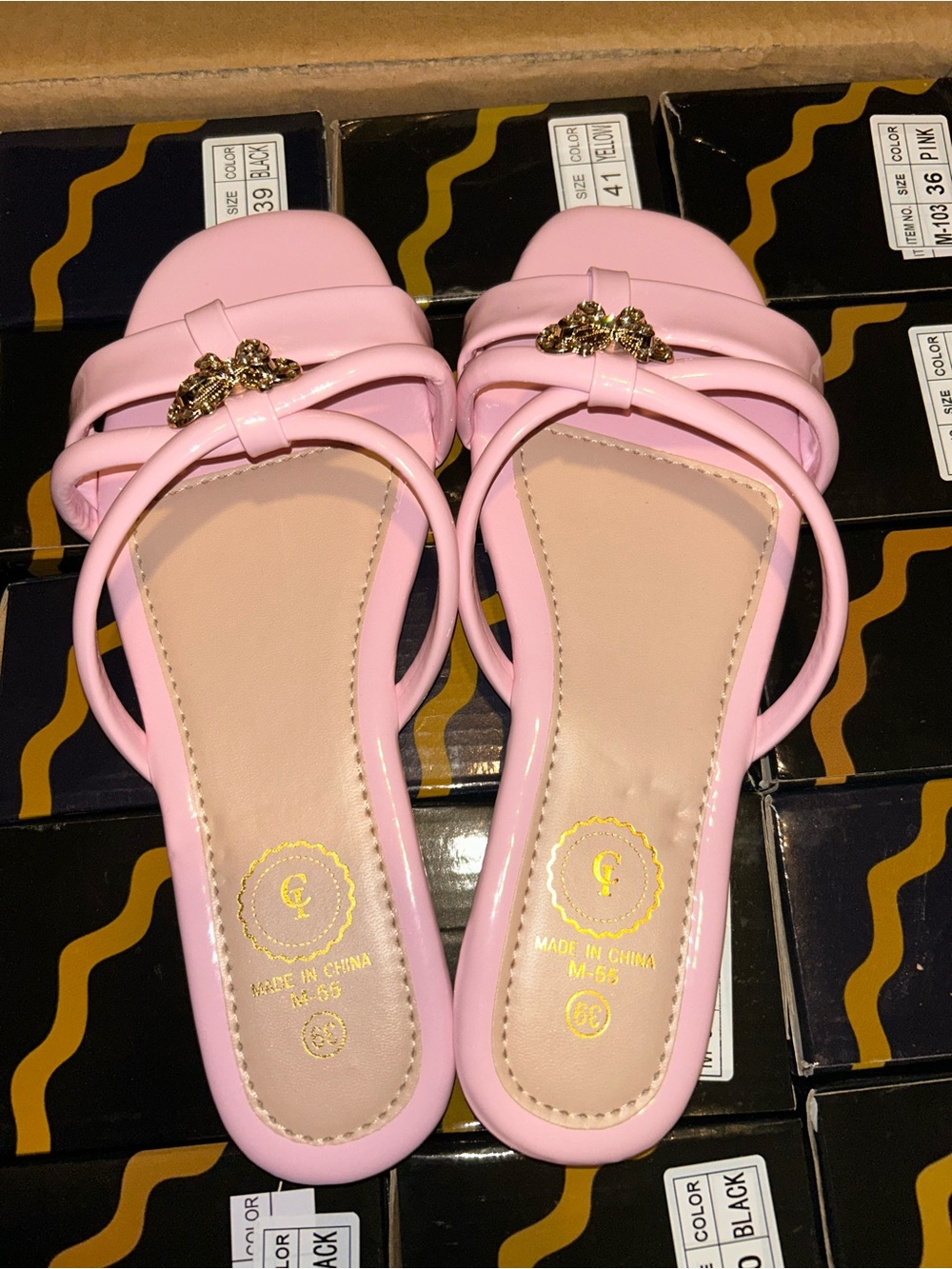 Women's Pink Slide Mules with Gold Accent